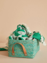 Rice Raffia Rectangular Basket with Leather Handles - Mint