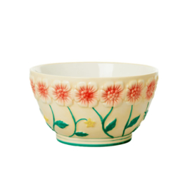 Rice Medium Ceramic Bowl with Embossed Flower Design - Creme