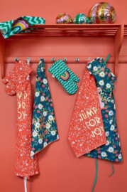 Rice Tea Towel - Orange Fall Print 'Jump for joy' - Neon Piping