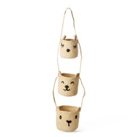 Rice Raffia 3 Tier Hanging Storage Basket - Animal Faces - Natural