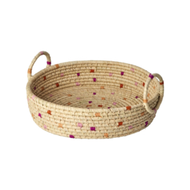 Rice Raffia Bread Basket with Dots - Pink, Orange, Red