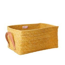 Rice Raffia Rectangular Basket with Leather Handles - Yellow -