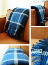 Bunzlau Plaid Checkered Dark Blue 100% Lambswool 130 x 170 cm