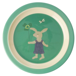 Rice Melamine Kids Plate with Green Bunny Print -bord met verdieping-