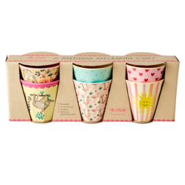 Rice Medium Melamine Cup Assorted Funky Prints - Pink - set of 6