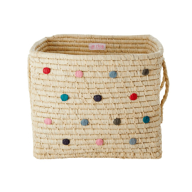 Rice Raffia Square Basket with Hand Embroidered Dots 'Believe in Red Lipstick'- Natural
