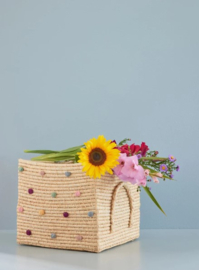 Rice Raffia Square Basket with Hand Embroidered Dots 'Dance it Out'- Natural