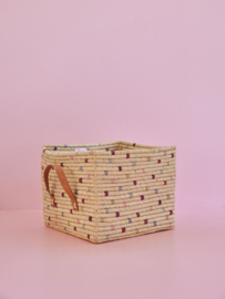 Rice Raffia Square Basket with Leather Handles - 'Viva La Vida' Dots
