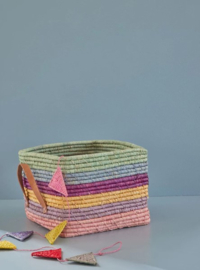 Rice Raffia Square Basket with Leather Handles - 'Dance it Out' Stripes