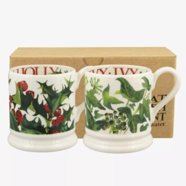 Emma Bridgewater Flowers - Holly & Ivy - Set Of 2 1/2 Pint Mugs Boxed