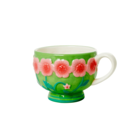 Rice Ceramic Mug with Embossed Sage Green Flower Design