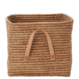 Rice Raffia Square Basket with Leather Handles - Tea