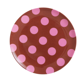 Rice Melamine Plate - Brown with Soft Pink Dots Print