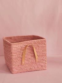 Rice Raffia Square Basket with Leather Handles - Soft Pink -