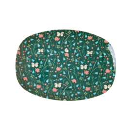 Rice Small Melamine Rectangular Plate - Sweet Butterfly Print - Dark Green