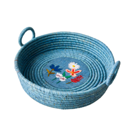 Rice Raffia Bread Basket with Flower Embroidery - Blue