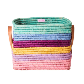 Rice Raffia Square Basket with Leather Handles - 'Dance it Out' Stripes