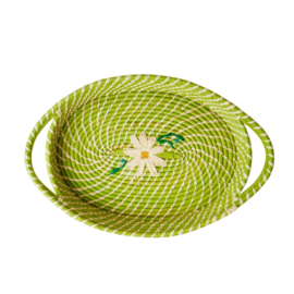 Rice Raffia Oval Bread Basket with Daisies - Apple Green