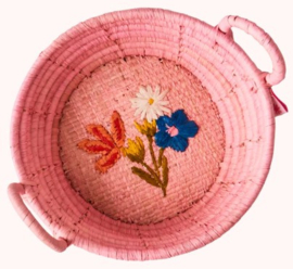 Rice Raffia Mini Basket with Flower Embroidery