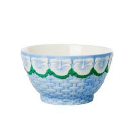 Rice Medium Ceramic Bowl with Embossed Flower Design - Blue