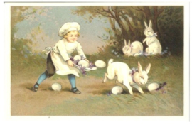 Meander Ansichtkaart Kind met eieren en konijntjes