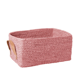 Rice Raffia Rectangular Basket with Leather Handles - Soft Pink - de werkelijke kleur is echt roze