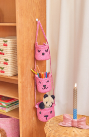 Rice Raffia 3 Tier Hanging Storage Basket - Animal Faces - Pink