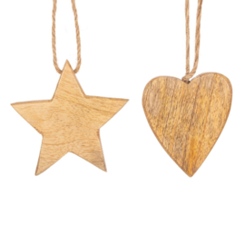Sass & Belle Natural Wood Heart & Star Decorations Assorted - 3 sterren & 3 hartjes in een doosje-
