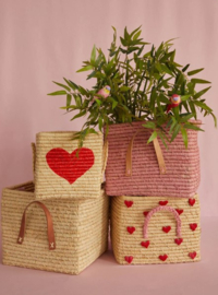 Rice Raffia Square Basket with Hand Embroidered Hearts - Natural
