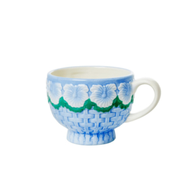 Rice Ceramic Mug with Embossed Blue Flower Design