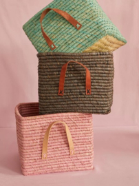 Rice Raffia Square Basket with Leather Handles - Soft Pink -