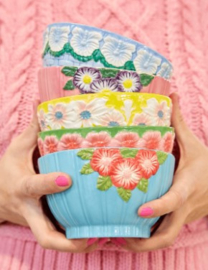 Rice Medium Ceramic Bowl with Embossed Flower Design - Pink