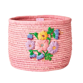 Rice Raffia Basket with Flower Embroidy - Pink