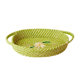 Rice Raffia Oval Bread Basket with Daisies - Apple Green