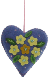 Meander Hart blauw met gele Bloemen -vilt-