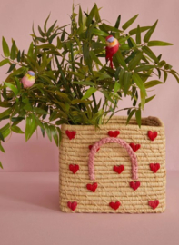Rice Raffia Square Basket with Hand Embroidered Hearts - Natural