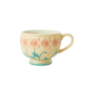 Rice Ceramic Mug with Embossed Creme Flower Design