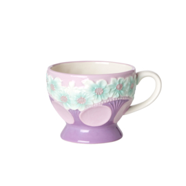 Rice Ceramic Mug with Embossed Flower Design - Lavender