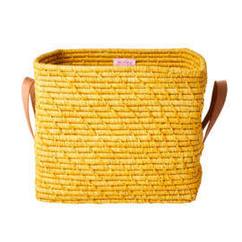 Rice Raffia Square Basket with Leather Handles - Yellow