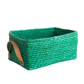 Rice Raffia Rectangular Basket with Leather Handles - Green