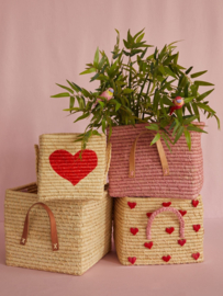 Rice Raffia Square Basket with Leather Handles - Natural