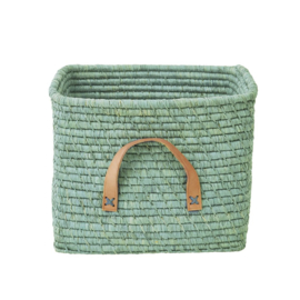 Rice Raffia Square Basket with Leather Handles - Mint