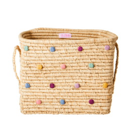 Rice Raffia Square Basket with Hand Embroidered Dots 'Dance it Out'- Natural