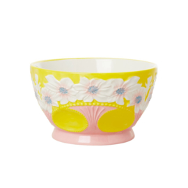 Rice Medium Ceramic Bowl with Embossed Flower Design - Yellow