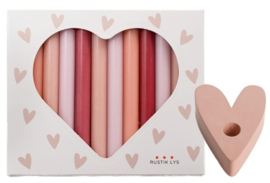 Rustik Lys - Potloodkaarsjes - Ø 1,2 cm x 12 cm - Heart box - 12 st. & Heart Kandelaar