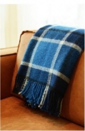 Bunzlau Plaid Checkered Dark Blue 100% Lambswool 130 x 170 cm