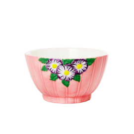 Rice Small Ceramic Bowl with Embossed Flower Design - Pink
