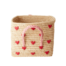 Rice Raffia Square Basket with Hand Embroidered Hearts - Natural