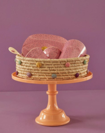 Rice Raffia Bread Basket with Dot Embroidery 'Dance it Out' - Medium