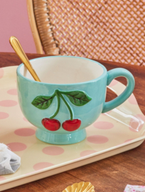 Rice Ceramic Mug with Embossed Cherries - mint